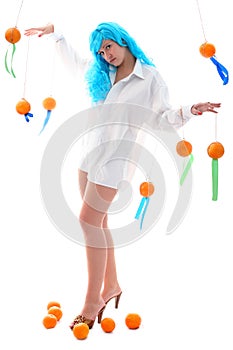 Blue hairs girl with oranges