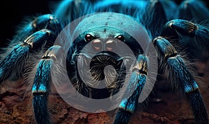 Blue Hairy Tarantula Close-Up Illustration Creepy Fuzzy Spider Insect Generative AI