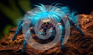 Blue Hairy Tarantula Close-Up Illustration Creepy Fuzzy Spider Insect Generative AI