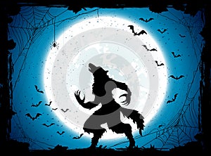 Blue Halloween background with bats and werewolf photo