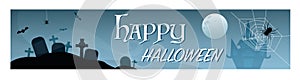 Blue Halloween banner with graves, bats and spiders