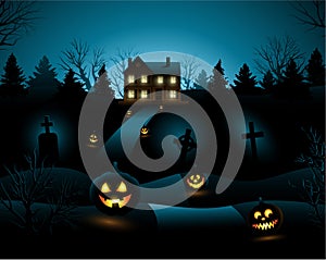 Blue Halloween invitation haunted house background