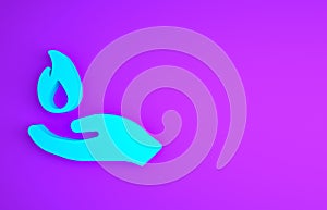 Blue Hand holding a fire icon isolated on purple background. Minimalism concept. 3d illustration 3D render