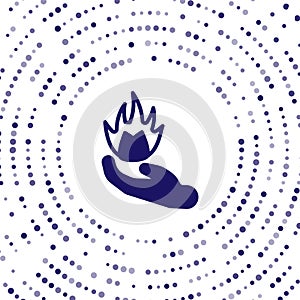 Blue Hand holding a fire icon isolated on white background. Abstract circle random dots. Vector