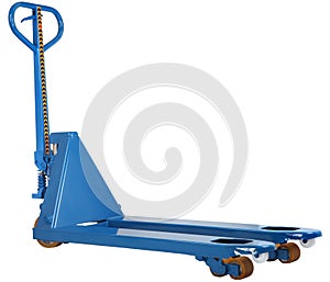 Blue hand pallet hydraulic truck isolated on white background