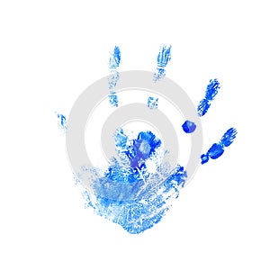 Blue hand print of a child isolated on white background. Watercolor paints. Children paint traces from hands and fingers. Paint