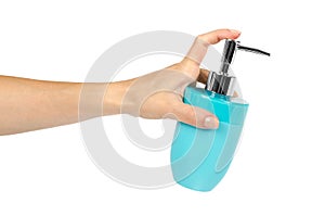 Blue hand sanitizer soap dispenser with arm isolated on white background photo