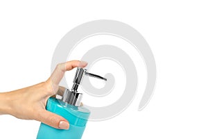 Blue hand sanitizer soap dispenser with arm isolated on white background, copy space template