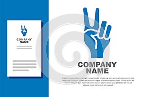 Blue Hand showing two finger icon isolated on white background. Hand gesture V sign for victory or peace. Logo design