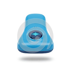 A blue, handheld electronic device features a circular button