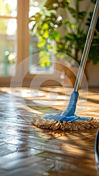 Blue-Handled Mop on Wooden Floor