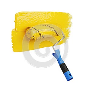 Bright yellow paint roller applying color to a surface isolated on white background