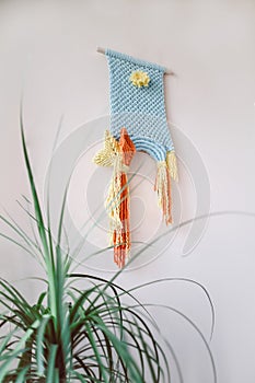 Blue handmade macrame wall hanging garland, kids room decor , boho style nursery