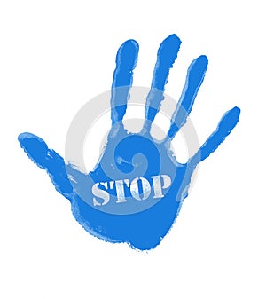 Blue handprint with the word STOP