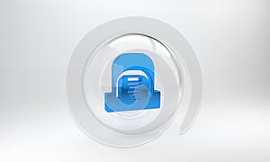 Blue Hangar with servers icon isolated on grey background. Server, Data, Web Hosting. Glass circle button. 3D render