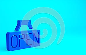 Blue Hanging sign with text Open door icon isolated on blue background. Minimalism concept. 3d illustration 3D render