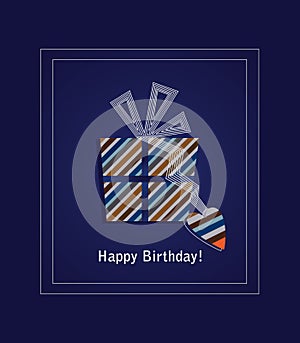 Blue Happy Birthday card with a gift box in stripes wrapping paper