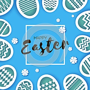 Blue Happy Easter Greetings card. Colorful Eggs in paper cut style. Spring holidays on blue. Space for text. Origami