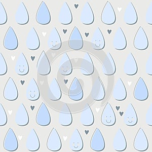 Blue happy raindrops with little hearts lovely spring summer autumn seamless pattern on gray