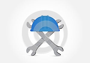 Blue hard hat and wrench on white background,Labor Day concept v