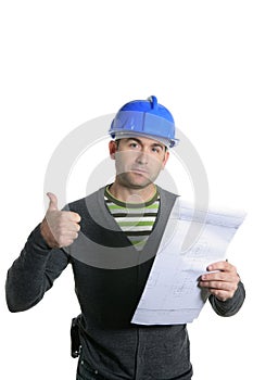 Blue hardhat foreman portrait in white