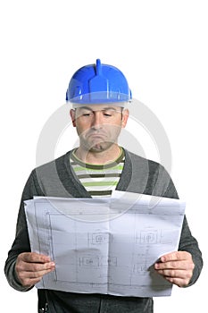 Blue hardhat foreman portrait in white