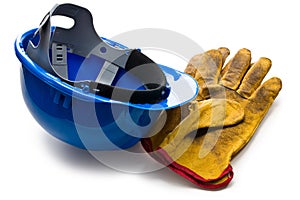 Blue hardhat and leather working gloves