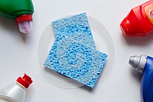 Blue harmless sponges from cellulose with detergents. Healthy  washing dishes