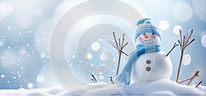 Blue-hatted snowman in winter