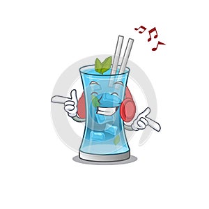 Blue hawai cocktail Cartoon design concept listening music on headphone