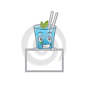 Blue hawai cocktail cartoon design style standing behind a board