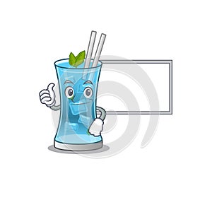 Blue hawai cocktail cartoon design with Thumbs up finger bring a white board