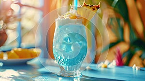 a blue Hawaiian cocktail, with blue curacao, rum, pineapple juice, and coconut cream, served over ice