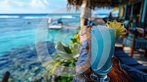 a blue Hawaiian cocktail, with blue curacao, rum, pineapple juice, and coconut cream, served over ice