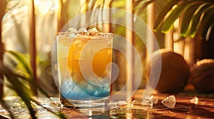 a blue Hawaiian cocktail, with blue curacao, rum, pineapple juice, and coconut cream, served over ice