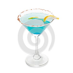 Blue Hawaiian Cocktail in a martini glasses, isolated on white b