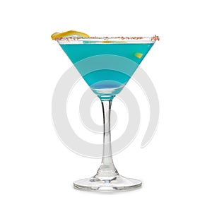 Blue Hawaiian Cocktail in a martini glasses, isolated on white b