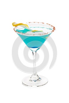 Blue Hawaiian Cocktail in a martini glasses, isolated on white b