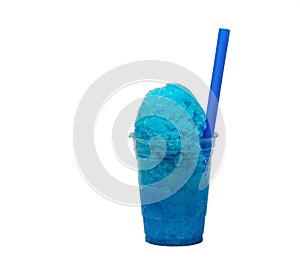 Blue Hawaiian Shave ice, Shaved ice or snow cone dessert with a blue straw. photo