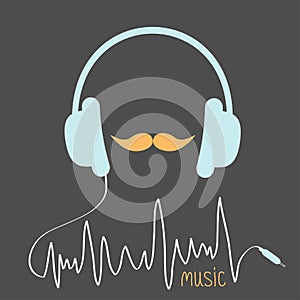 Blue headphones with cord. Orange moustaches Music card. Flat design