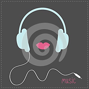 Blue headphones with cord. Pink lips Music card. Flat design