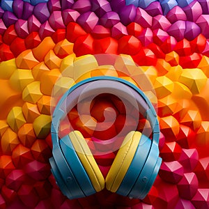 Blue headphones isolated on rainbow background. Wireless and wired headset with noise cancelling.