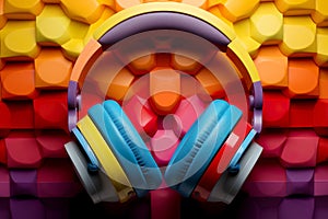 Blue headphones isolated on rainbow background. Wireless and wired headset with noise cancelling.