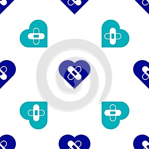 Blue Healed broken heart or divorce icon isolated seamless pattern on white background. Shattered and patched heart