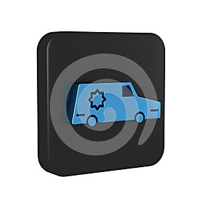 Blue Hearse car icon isolated on transparent background. Black square button.