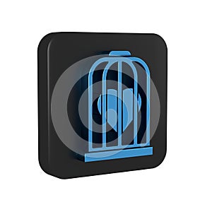 Blue Heart in the bird cage icon isolated on transparent background. Love sign. Valentines symbol. Black square button.