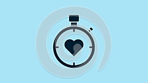 Blue Heart in the center stopwatch icon isolated on blue background. Valentines day. 4K Video motion graphic animation