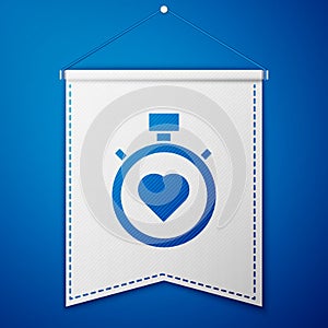 Blue Heart in the center stopwatch icon isolated on blue background. Valentines day. White pennant template. Vector