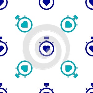 Blue Heart in the center stopwatch icon isolated seamless pattern on white background. Valentines day. Vector