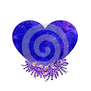 Blue Heart With Crocuses Flowers Hand Drawn Illustration. Wedding Concept